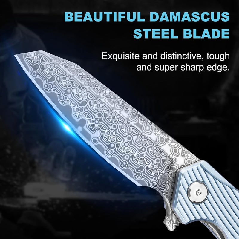 Zingbee Damascus Pocket Knife 3.46" Damascus Steel Blade EDC Pocket Knives & Folding Knives for Men Women Blue Non-Slip Handle - Image 2